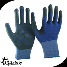 SRSAFETY 15G tejido nylon y spandex recubierto negro de alta tecnología espuma de nitrilo guantes, puntos de nitrilo negro en la palma